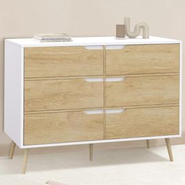 Commode 6 Tiroirs Helsinki 115 Cm Scandinave Blanc Et Effet Hêtre