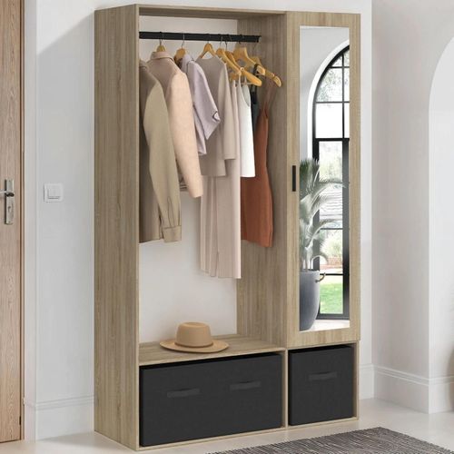 Dressing Penderie Berenice 105 X 50 X 172 Cm Hêtre Avec Étagères + Boites De Rangement Noires + Miroir