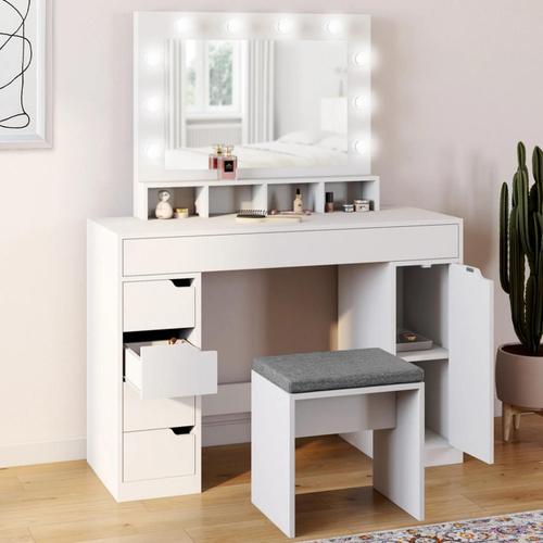 Coiffeuse Zelia Blanche Miroir Led Avec 4 Niches, 5 Tiroirs, 1 Caisson De Rangement Et Tabouret Rembourré