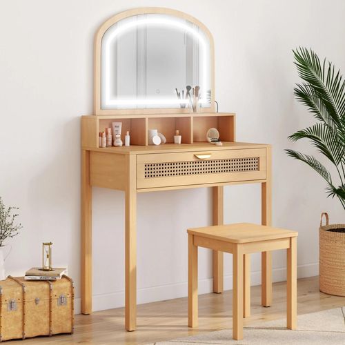 Coiffeuse Edhen Avec Miroir Led, 1 Tiroir, 3 Niches Et Tabouret Cannage Et Bois