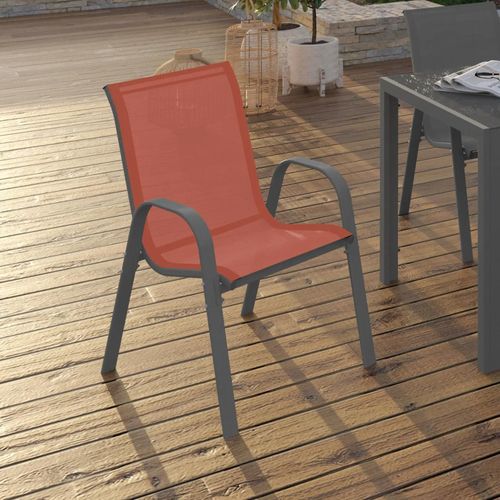 6 Chaises De Jardin En Métal Et Textilène Gris Noir Et Terracotta