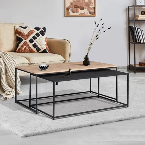 Lot De 2 Tables Basses Gigognes Denton 100/113 Métal Noir Et Bois Design Industriel
