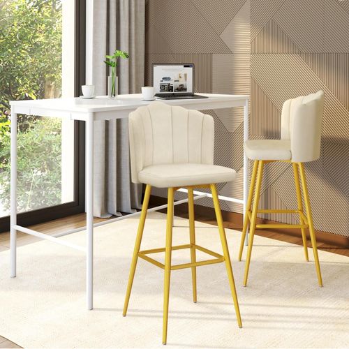 Idmarket Lot De 2 Tabourets De Bar Coquillage Adella Crème En Velours Pieds Dorés