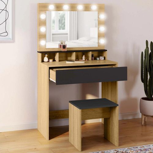 Idmarket Coiffeuse Zelia Hêtre Et Noir Miroir Led Avec 4 Niches, 1 Tiroir Et Tabouret