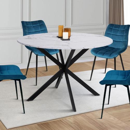 Table À Manger Ronde Alix 4-6 Personnes Pied Araignée Métal Noir Et Plateau Effet Marbre Blanc Alaska 110 Cm
