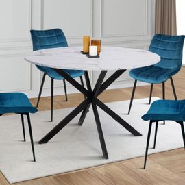 Table À Manger Ronde Alix 4-6 Personnes Pied Araignée Métal Noir Et Plateau Effet Marbre Blanc Alaska 110 Cm