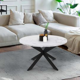 Table Basse Ronde Alaska 70 Cm Plateau Effet Marbre Blanc Et Pied Araignée Métal Noir
