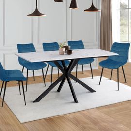 Table A Manger Alaska 6-8 Personnes Effet Marbre Blanc Et Pied Araignee Metal 160 Cm