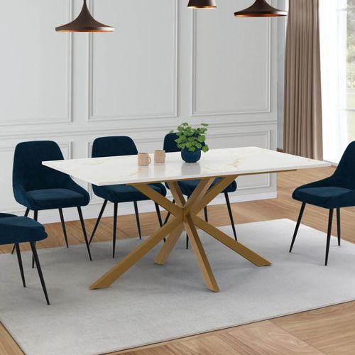 Table À Manger Rectangle Alix 8 Personnes Pied Araignée Laiton Et Plateau Effet Marbre Blanc Alaska 160 Cm
