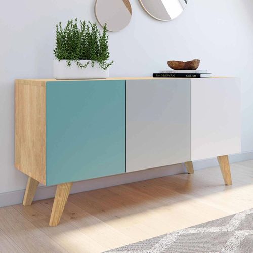Buffet Bas Scandinave Alice 3 Portes Bleu, Gris Et Blanc 113 Cm