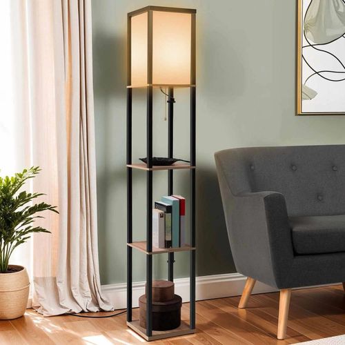 Idmarket Lampadaire Industriel En Bois Noir Avec Étagères En Bois Clair Et Abat-Jour Carré Blanc