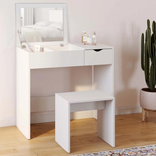 Coiffeuse Zelia Miroir Rabattable Avec 1 Tiroir Et 1 Tabouret