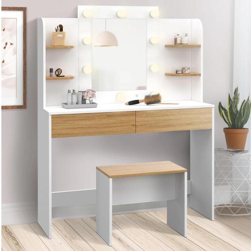 Coiffeuse Zelia Blanc Et Hêtre Table De Maquillage 4 Étagères, Miroir Led Et Tabouret