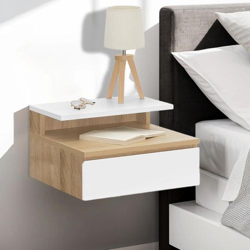 Lot De 2 Tables De Chevet Murales Tomi 1 Tiroir + 1 Tablette Étagère Suspendue + 1 Tablette Façon Hêtre Et Blanc