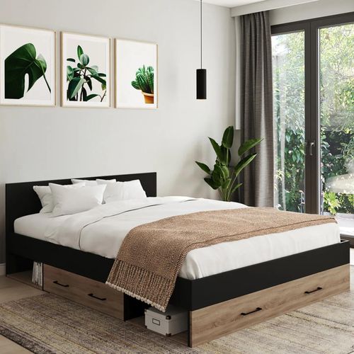 Lit Double Minea 140 X 190 Cm Avec Tête De Lit + Tiroirs + Niches De Rangement Et Sommier Hêtre Et Noir