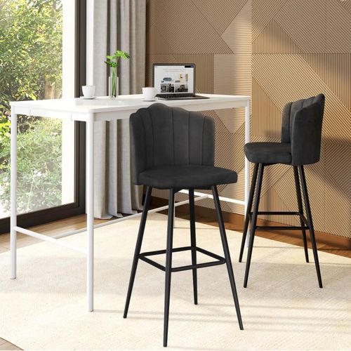 Lot De 2 Tabourets De Bar Coquillage Adella Gris Anthracite En Velours Pieds Noirs