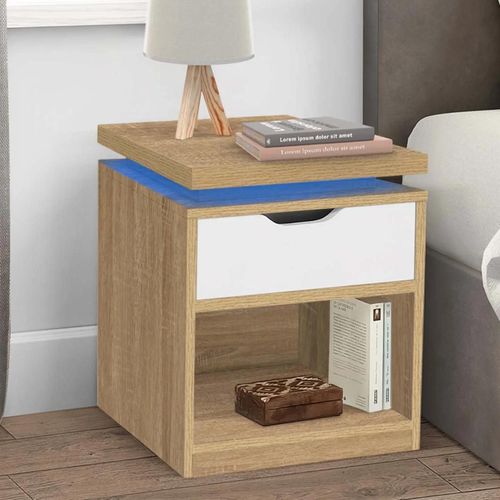 Lot De 2 Tables De Chevet Luna À Leds 1 Tiroir Avec Niche Hêtre Et Blanc