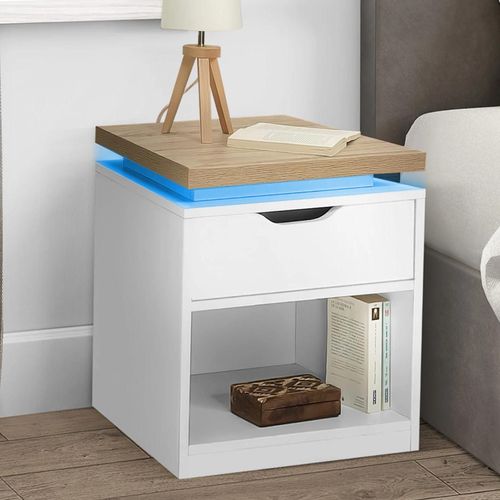 Lot De 2 Tables De Chevet Luna À Leds Avec 1 Tiroir Blanc Et Plateau Effet Bois