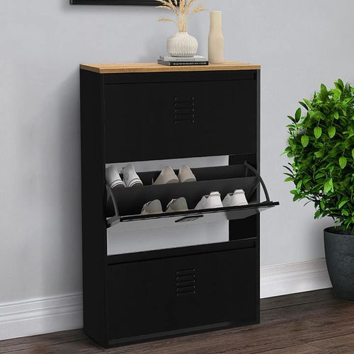 Meuble À Chaussures Maxi Capacité Ester 3 Portes 18 Paires Métal Noir Et Plateau Bois Design Industriel