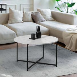 Table Basse Alaska Ronde 70 Cm Effet Marbre Et Pied Métal Noir