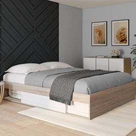 Cadre De Lit Salem Avec Rangements Et Sommier 160 X 200 Cm Effet Bois Et Blanc