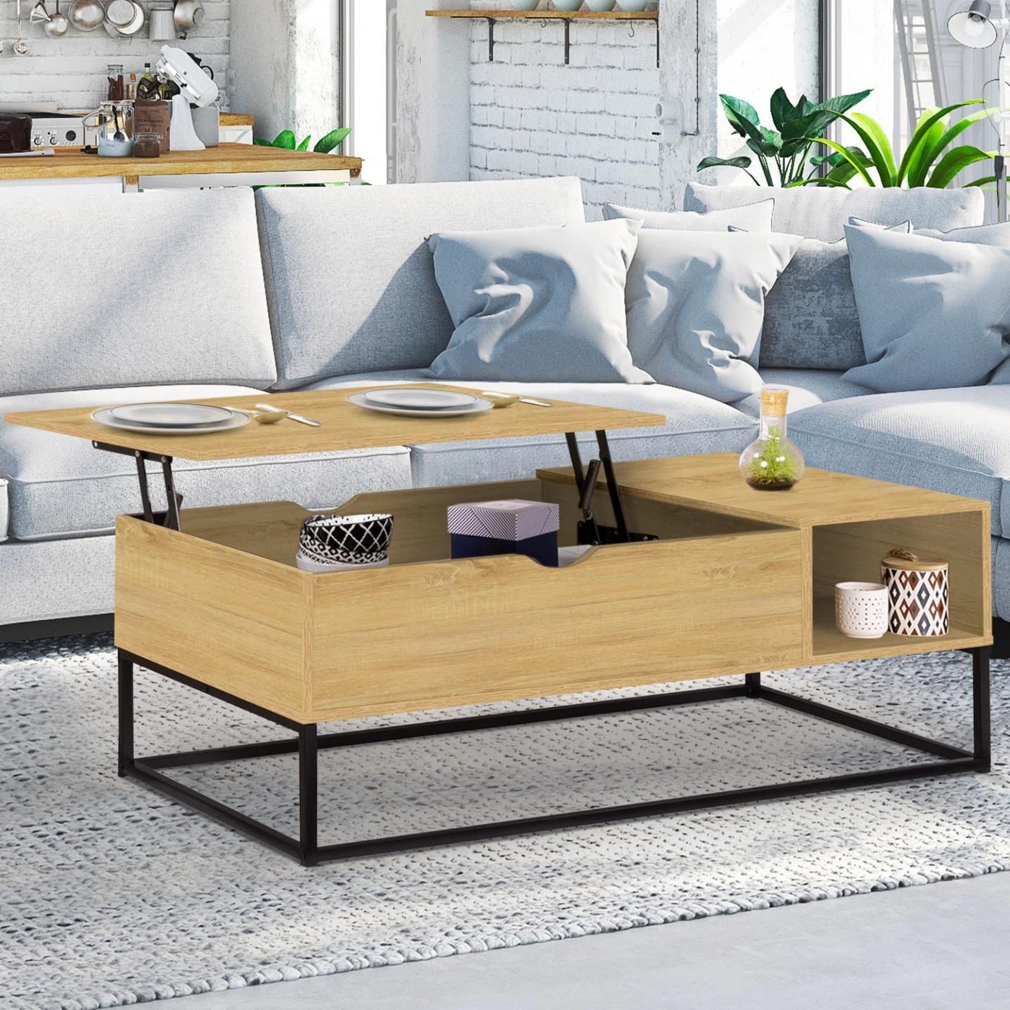 Table Basse Plateau Relevable Rectangulaire Detroit Avec Rangements...