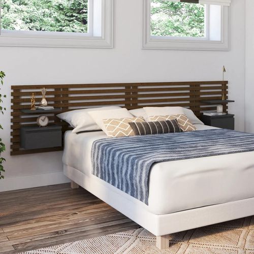 Tête De Lit Suspendue En Lattes Ava Avec Chevets + Tiroir 240 Cm Façon Bois Vieilli Et Noir