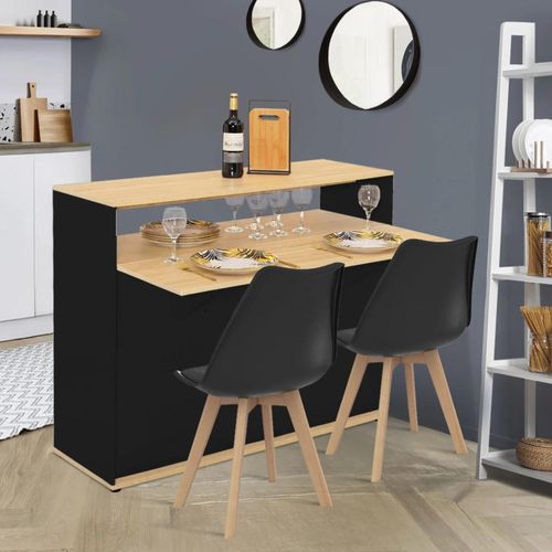 Meuble De Bar Extensible En Table À Manger 2 Personnes Vito Noir Et Plateau Bois