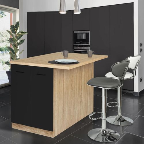 Ilot Central Ivo 120 Cm Bois Façon Hêtre Portes Noires Avec Plan De Travail