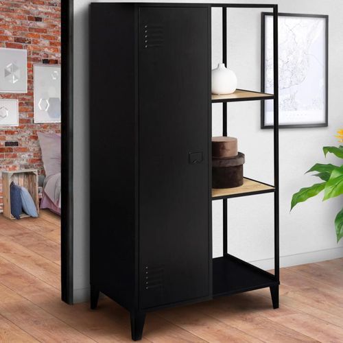 Armoire-Étagère Penderie Ester 1 Porte Métal Noir Et Bois Design Industriel
