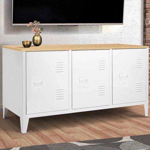 Idmarket Buffet Bas 113 Cm Ester 3 Portes Métal Blanc Plateau Bois Design Industriel