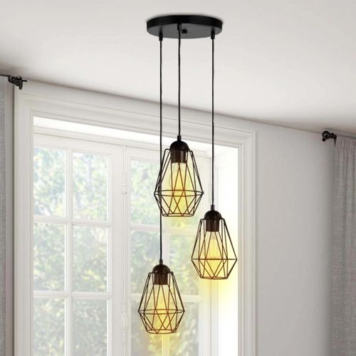 Suspension 3 Lampes Industrielles Forme Diamant En Métal Noir