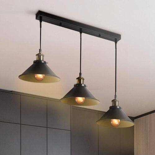 Suspension 3 Lampes Industrielles Vintage En Métal Noir