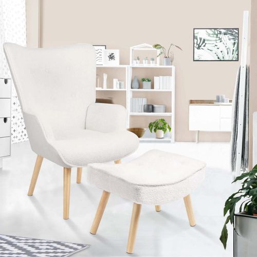 Fauteuil Scandinave Ivar Avec Repose Pieds En Tissu Bouclette Blanc