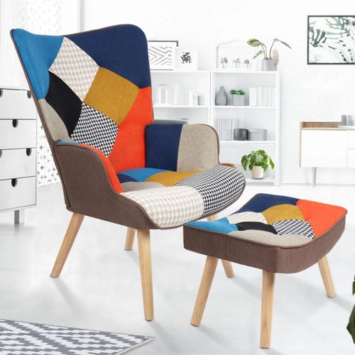 Fauteuil Scandinave Ivar Avec Repose Pieds En Tissu Patchwork Multicouleurs Et Imprimé Pied De Poule