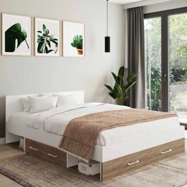 Lit Double Minea Avec Tiroirs + Niches De Rangement + Tête De Lit Et Sommier 140 X 190 Cm Façon Hêtre Et Blanc