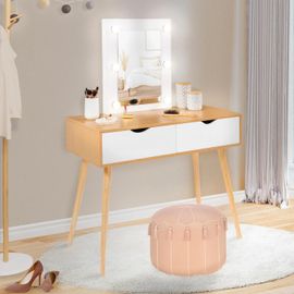 Coiffeuse Scandinave 2 Tiroirs Livia Bois Et Blanc Avec Miroir Led