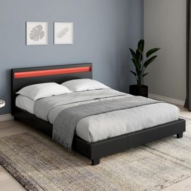 Lit Double Neo 140 X 190 Cm Pvc Noir Avec Sommier Et Led Intégrées