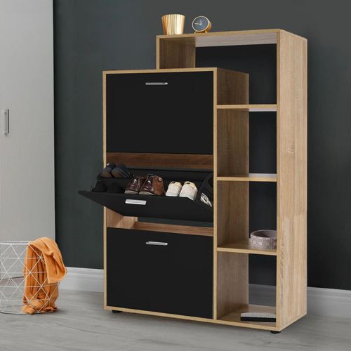 Meuble À Chaussures Imitation Hêtre 3 Portes Noires Avec Étagère