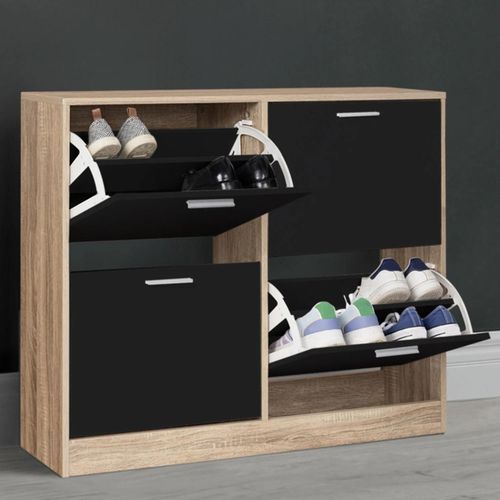 Meuble À Chaussures 16 Paires Klark 4 Abattants Imitation Hêtre Et Portes Noires