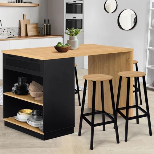 Ilot Central Mange-Debout 4 Personnes Vito 130 Cm Noir Et Plateau Bois