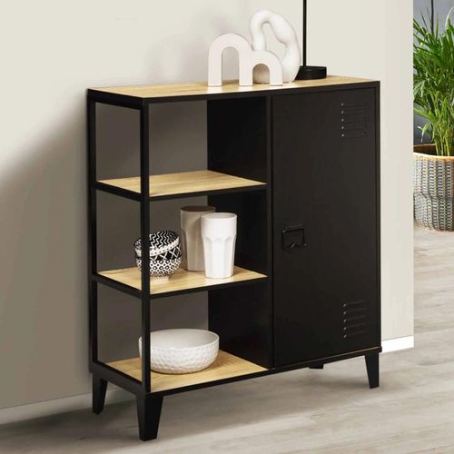 Buffet D'appoint 3 Étagères Et Placard Métal Noir Et Plateau Bois 70 Cm Ester Design Industriel