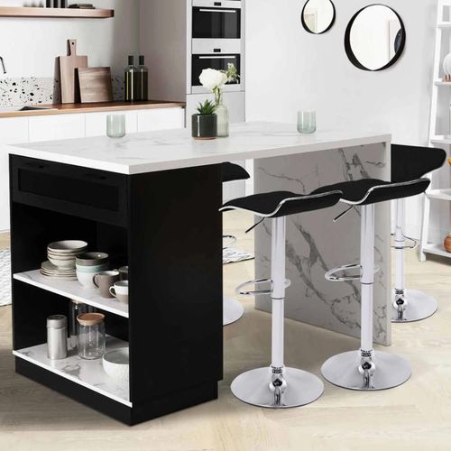 Ilot Central Mange-Debout 4 Personnes Vito 130 Cm Noir Et Plateau Effet Marbre Alaska