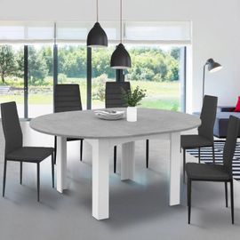Table À Manger Blanche Et Plateau Effet Béton Extensible Ronde