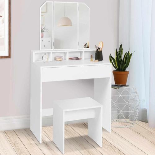 Coiffeuse Zelia 3 Miroirs Avec 4 Niches, 1 Tiroir Et Tabouret