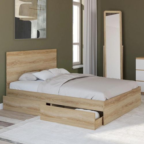 Lit Double Omaha 4 Tiroirs Sur Roulettes Avec Tête De Lit Et Sommier 140 X 190 Cm Façon Hêtre