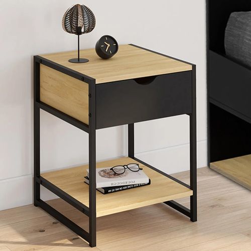 Lot De 2 Tables De Chevet Boston 1 Tiroir Noir Avec Tablette Design Industriel