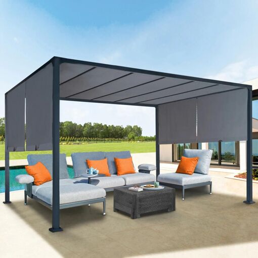 Idmarket Pergola 3x4 M Toile Grise Coulissante 2 Pans Belvédère De ...