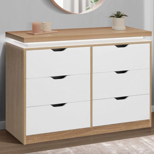 Idmarket Commode 6 Tiroirs Luna À Leds 115 Cm Blanc Et Plateau Effet Bois