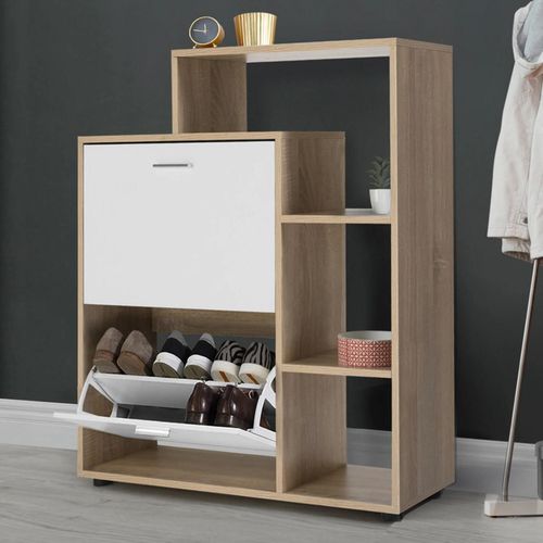 Meuble À Chaussures Imitation Hêtre 2 Portes Blanches Avec Étagère